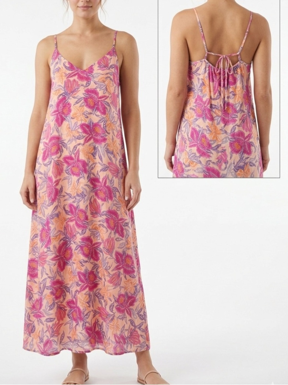 Old Navy Pink Floral Slip Midi Dress Strappy Tie Back Slit XXL